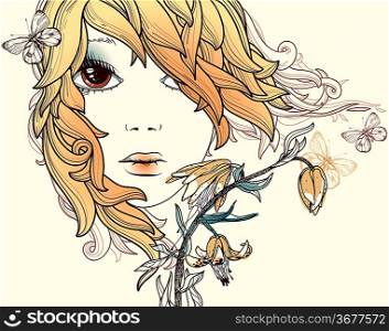 vector illustration of a summer girl with flowers and butterflies