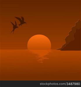 Vector illustration of a sunrise and flying seagulls