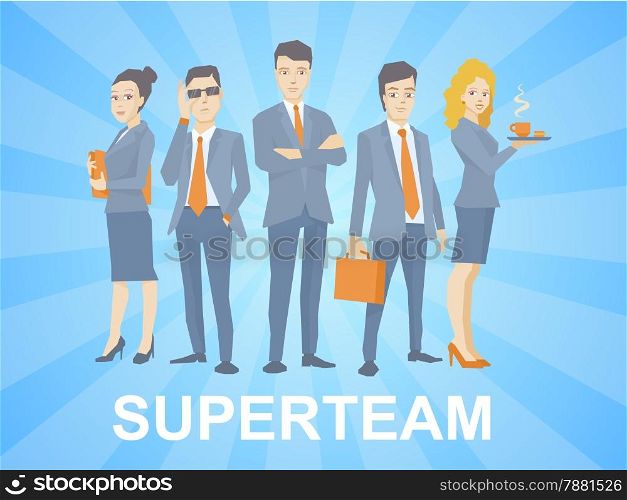 Vector illustration of a super business team of young business people standing together on blue background with comic strips