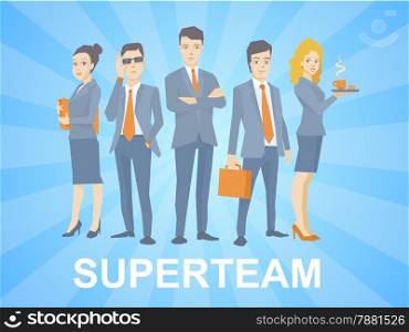 Vector illustration of a super business team of young business people standing together on blue background with comic strips