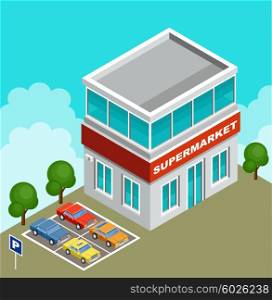 Vector illustration of a supermarket. Parking with cars