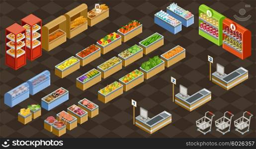 Vector illustration of a supermarket. Sale of fruit, vegetables, milk, meat and fish