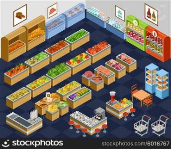 Vector illustration of a supermarket. Sale of fruit, vegetables, milk, meat and fish. Cafe. Coffee and juice.