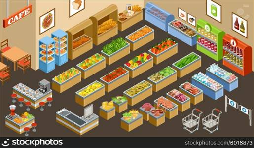 Vector illustration of a supermarket. Sale of fruit, vegetables, milk, meat and fish. Cafe. Coffee and juice.