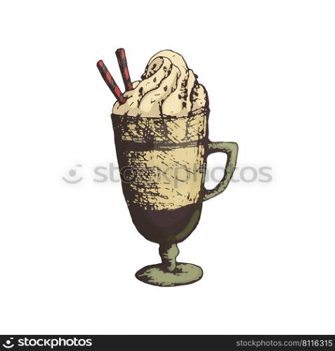 Vector illustration of a tall glass of coffee with foam or cream, cappuccino in the style of freehand drawing and color. Icon for shop or cafe, restaurant menu design