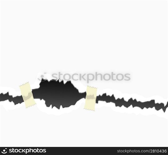 Vector illustration of a taped fractured wall or tear paper. Design element background. White with black crack.