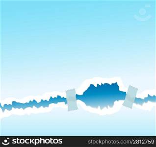 Vector illustration of a taped fractured wall or tear paper. Design element background. Blue with dark crack.