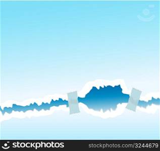 Vector illustration of a taped fractured wall or tear paper. Design element background. Blue with dark crack.