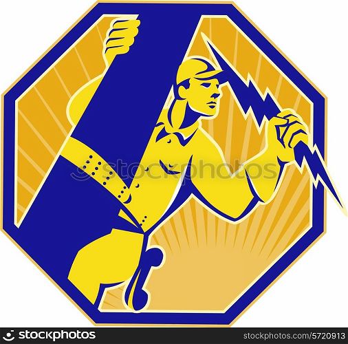 vector illustration of a telephone lineman electrician repairman climbing electric post holding lightning bolt set inside octagon done in retro style