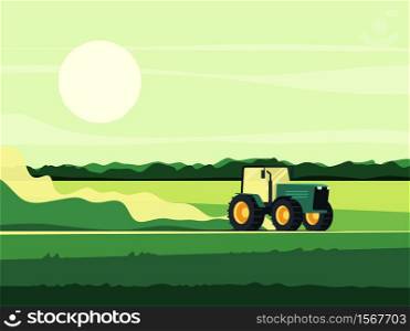 Vector illustration of a tractor driving across the field.. Vector illustration of a tractor driving across the field