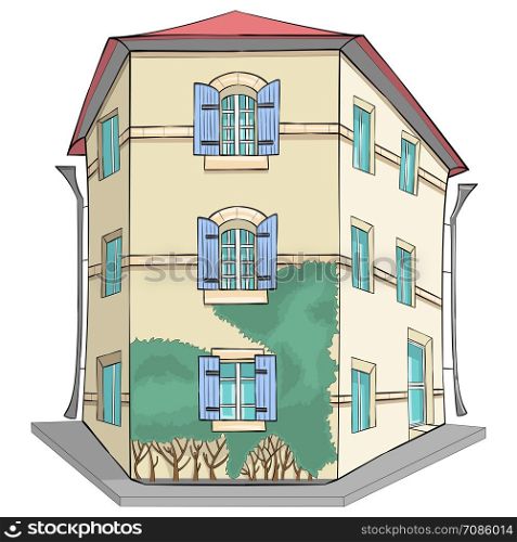 Vector illustration of a typical traditional house in Provence.. Vector. Traditional yellow stone house in Provence.