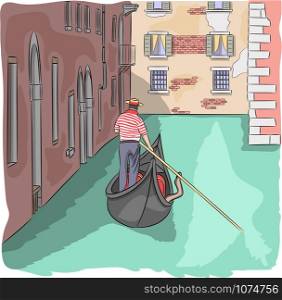 Vector illustration of a venetian gondolier with a paddle in a traditional boat gondola.. Venetian gondolier in a gondola.
