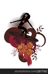 Vector illustration of a very curvy female surfer emerging fom the waves with stylized hibiscus and others floral elements