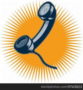 vector illustration of a vintage telephone with cord done retro style with sunburst in background.