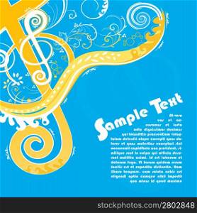 Vector illustration of a violin key modern trendy floral design with funky swirls and curls and peaceful blue and orange colors. With sample text for lorem ipsum placement.