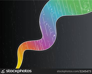Vector illustration of a wavy stripe with rainbow rain colors and drops. Copy space for custom elements on textured background.