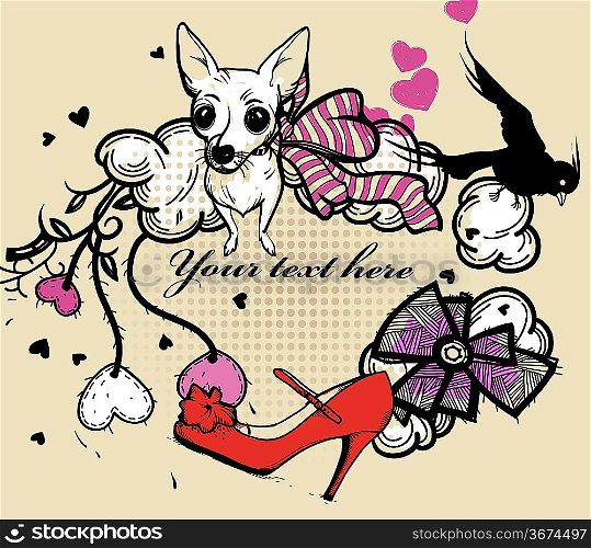 vector illustration of a white doggy, red shoes and a bird with fantasy clouds