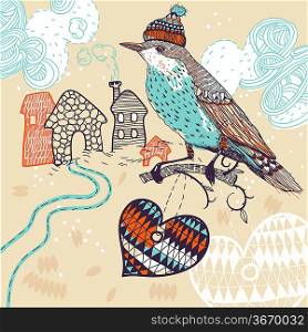 vector illustration of a winter bird and abstract houses
