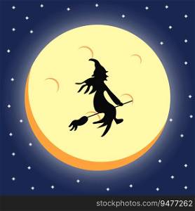 vector illustration of a witch silhouette over a dark halloween night sky behind the moonlight.