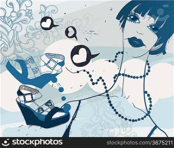 vector illustration of a woman and fashion shoes on a floral background