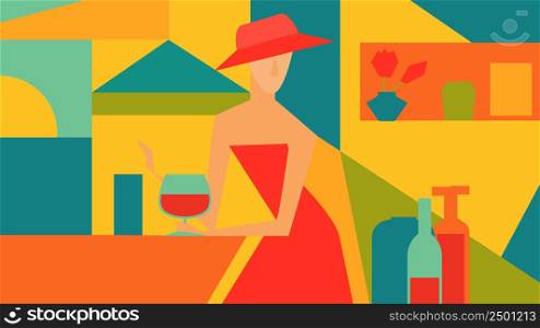 Vector illustration of a woman in a red dress drinks wine in a cafe by the sea. Cubism. Abstract art.