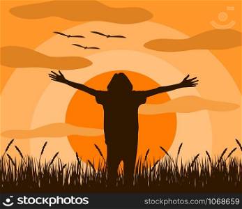 Vector illustration of a woman who is standing extend the arms feel liberated The mood and happy to be in the midst of nature In the field where the rice fields were growing. In the sunset.
