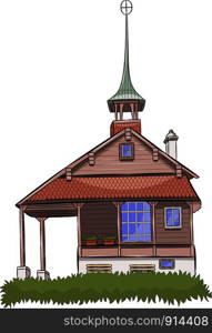 Vector illustration of a wooden catholic chapel with a bell in the Swiss village Isetwald isolated on white background.. Vector. Old catholic chapel with a bell tower.