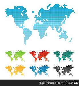 Vector illustration of a world map made of squares pixels. Seven different color variations. Isolated.