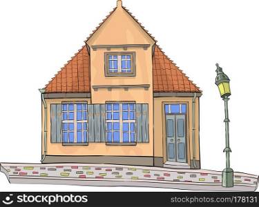 Vector illustration of a yellow house with a red tiled roof on a white background.. Vector. A yellow house with a tiled roof.