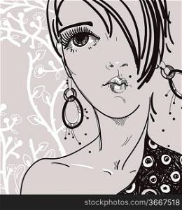 vector illustration of a young beautiful girl with big eyes and fashion haircut on a floral background