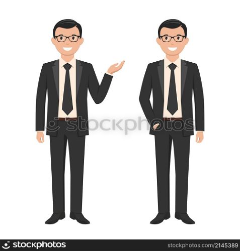 Vector illustration of a young cartoon style smiling businessman in a black suit