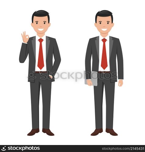 Vector illustration of a young cartoon style smiling businessman in a dark grey suit. Vector illustration of a young cartoon style smiling businessman