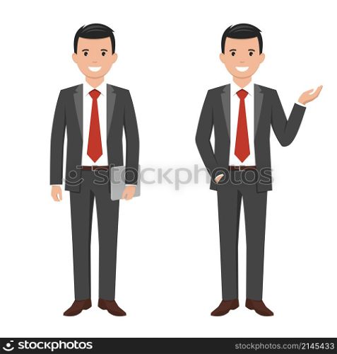 Vector illustration of a young cartoon style smiling businessman in a dark grey suit. Vector illustration of a young cartoon style smiling businessman