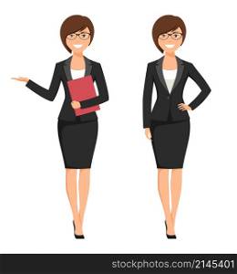 Vector illustration of a young cartoon style smiling businesswoman in a black suit. Vector illustration of a young cartoon style smiling businesswom