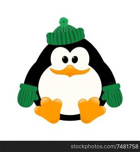 Vector illustration of a young cute penguin in a knitted cap and mittens sitting on the ice. Isolate. Winter sitting Baby Penguin
