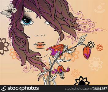 vector illustration of a young girl and colorful flowers