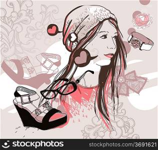 vector illustration of a young girl and fashion things