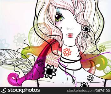 vector illustration of a young girl on a colorful abstract background. eps10