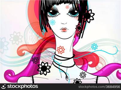 vector illustration of a young girl on a decorative abstract background. eps10