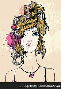 vector illustration of a young girl on a grungy background