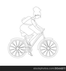Vector illustration of a young girl rides a bicycle in a dress and with a backpack. Out line drawn. A student or schoolgirl goes to class. Woman cyclist riding a bicycle