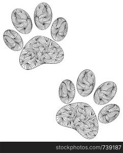 vector illustration of abstract animal paw print on white background.Coloring page for adult.. animal paw print on white background.