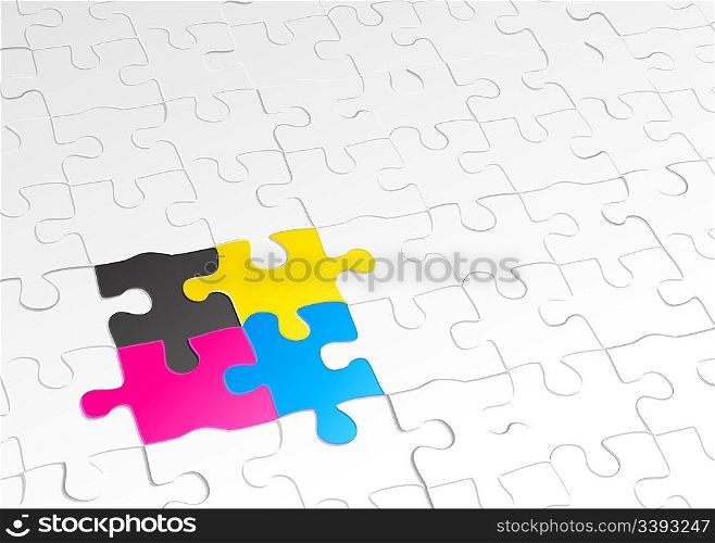 Vector illustration of abstract background made of jigsaw puzzle templates with 4 pieces in different colors