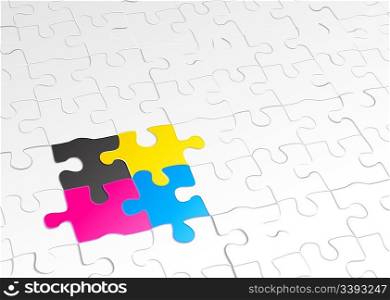 Vector illustration of abstract background made of jigsaw puzzle templates with 4 pieces in different colors