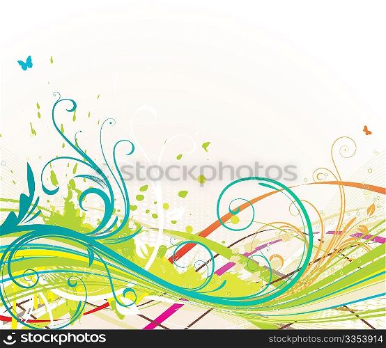 Vector illustration of abstract background with color curved lines and floral elements
