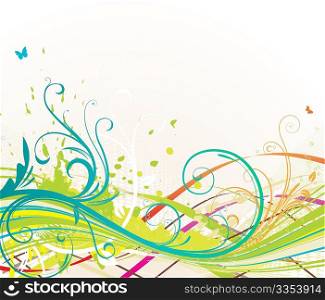 Vector illustration of abstract background with color curved lines and floral elements
