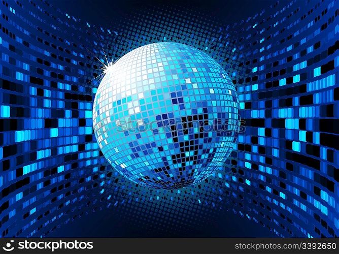 Vector illustration of abstract blue party Background with glowing lights and disco ball