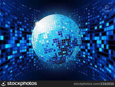 Vector illustration of abstract blue party Background with glowing lights and disco ball