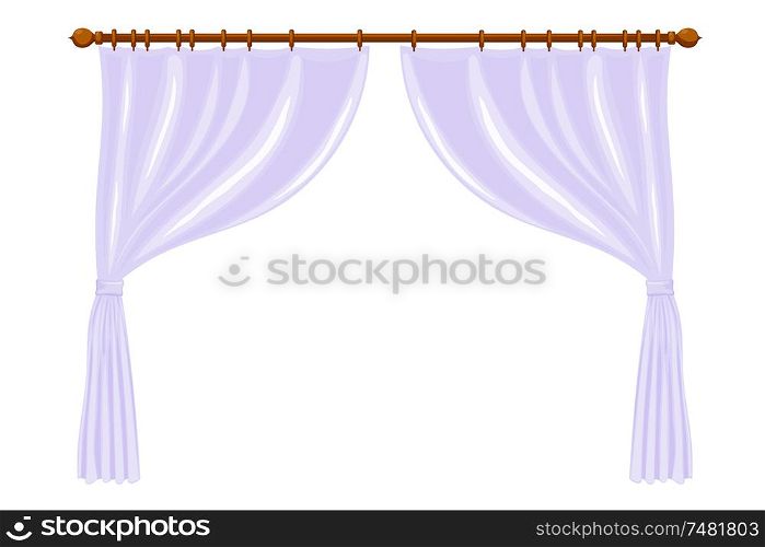 Vector illustration of abstract Cartoon light purple curtains on the ledge on a white background. Isolated household furnishings. Light purple drape, Cartoon style