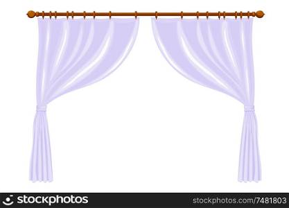 Vector illustration of abstract Cartoon light purple curtains on the ledge on a white background. Isolated household furnishings. Light purple drape, Cartoon style